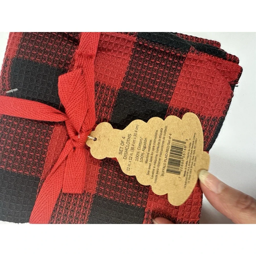HOMEWEAR Red Black Check Buffalo Plaid Dishcloths Cotton Cabin/Lodge Set of 4